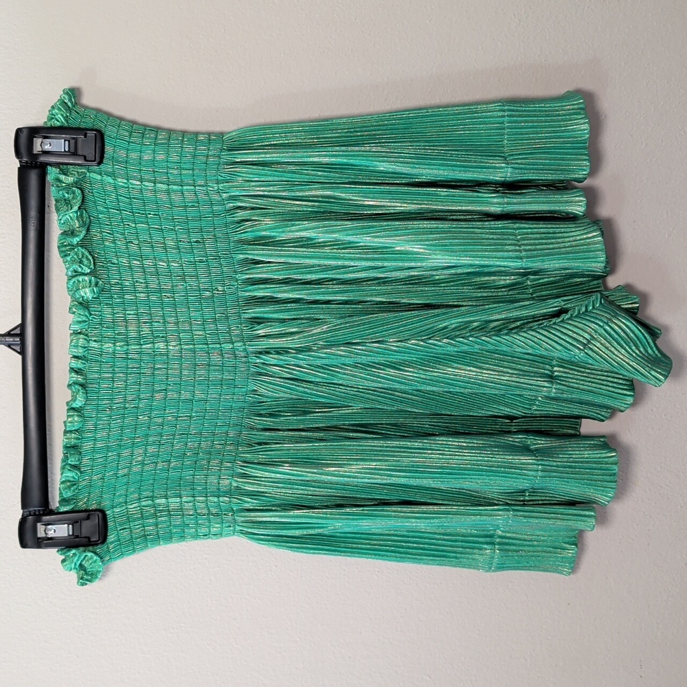 Glitz & Gritz Metallic Swing Shorts Green Gold Shirred High Waist Women's Size L - Picture 4 of 6